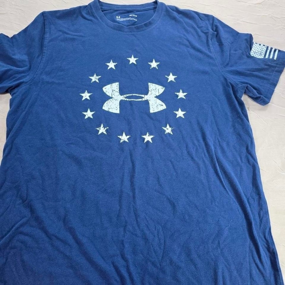 Under Armour Mens Freedom Stars Logo T-Shirt Navy Blue HeatGear MD Medium